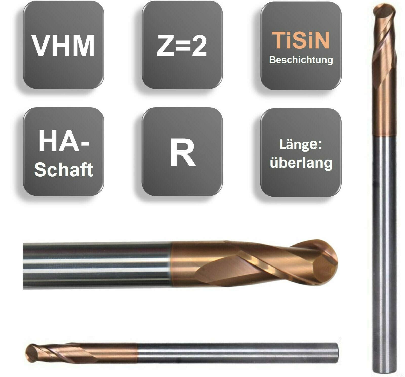 VHM Radiusfräser, überlang, extralang Ø 3/4/ 6/8/ 10/12 mm, Z=2, beschichtet, Größe: 6R3 x 15 x 100 mm