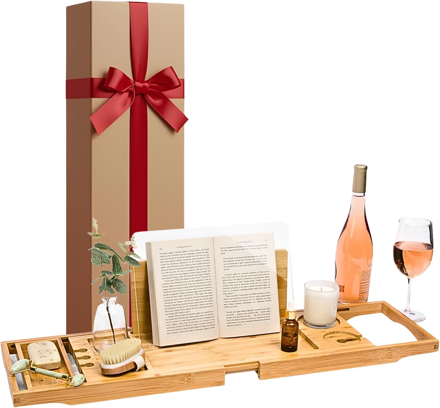Waterproof Shield Keeps Your Book Open – Extendable Bamboo Bathtub Tray with Wine Glass Holder Protects from Drips and Splashes - Luxury Bath Tub Caddy Tray for Relaxing in The Bathtub