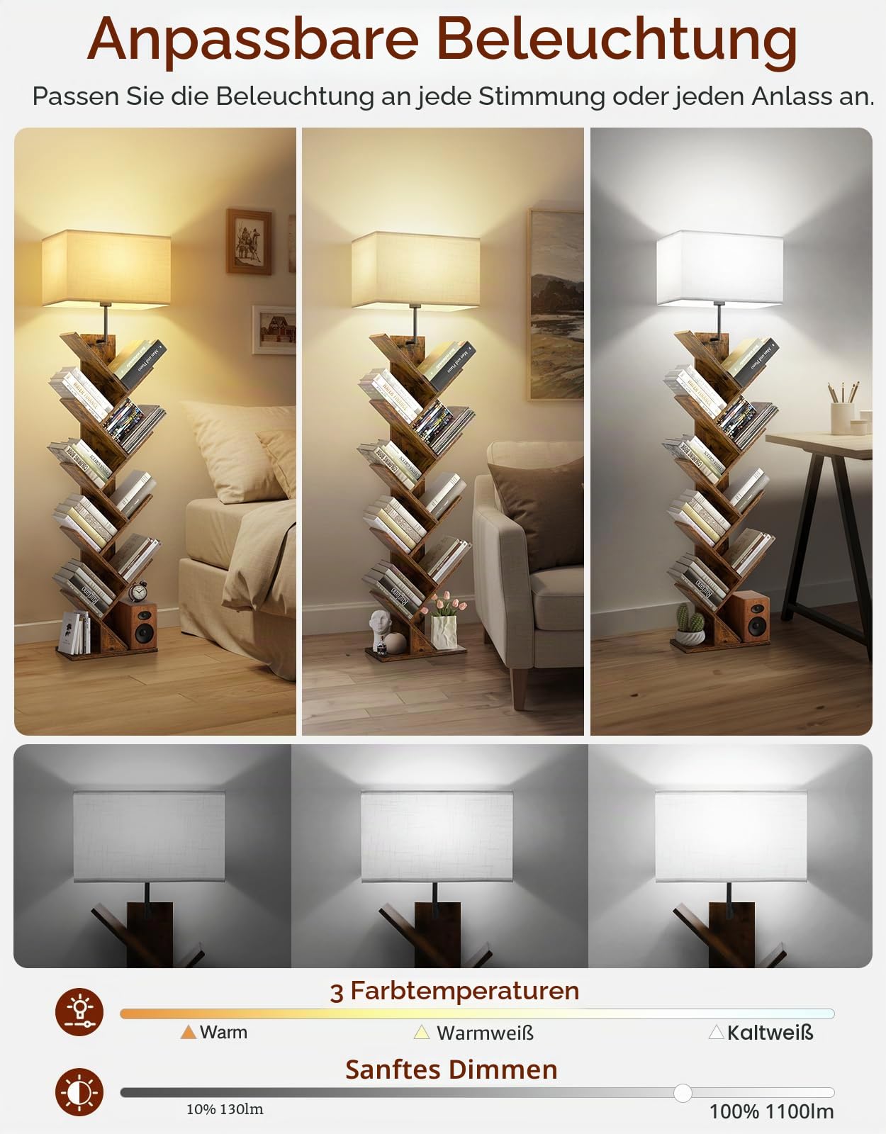 Baum Bücherregal mit Licht, 9 Ebenen Eckregal，Fernbedienung & Timer, Schmales Standregal aus Holz, Kleines Regal für Bücher, CDs & DVDs, für Wohnzimmer, Kinderzimmer, Büro(Rustic Brown)