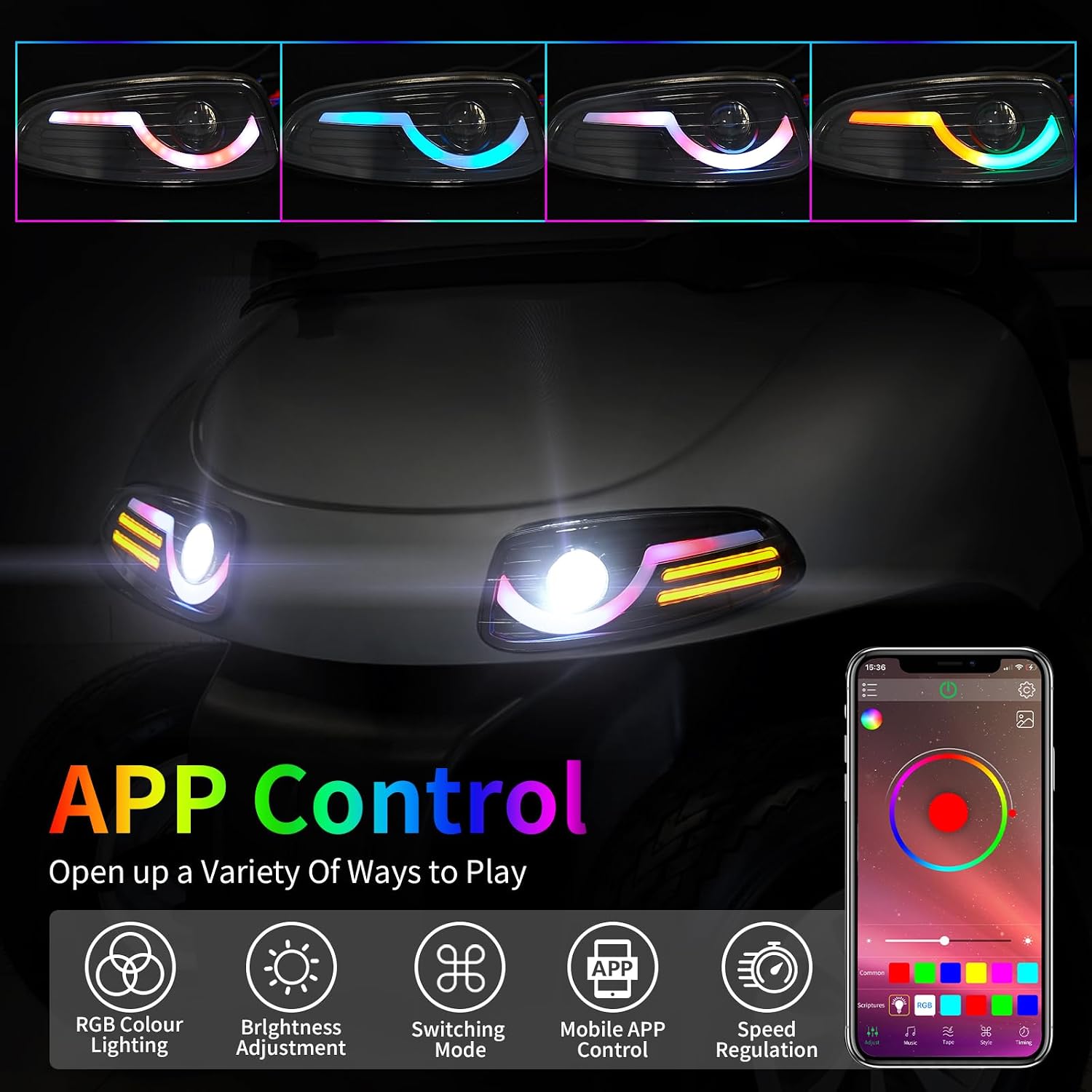 RGB LED Headlight & Turn Signal Kit for EZGO RXV 2008-2015, 12V Golf Cart Street Legal Light Kit with Brake Lights, Horn, Music Sync APP Control, Long-Lasting & Easy Install