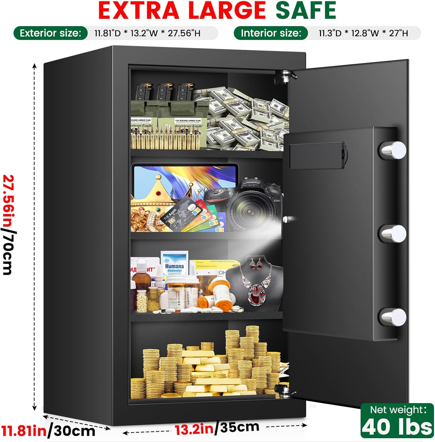 Large Safe, 7.0 Cubic Feet Safe Box With Fireproof Waterproof Bag, Anti-theft Home Document Safes with Digital Keypad, Spare Key, 3 Removable Shelves, Alert System for Home Business Valuables