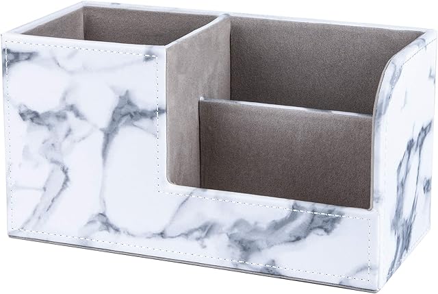 Desk Tidy Organizer Multifunctional Leather 3 Compartment Pen Pencil Pots Holder Business Card Storage Box for Office Home Desk (Marble Pattern)