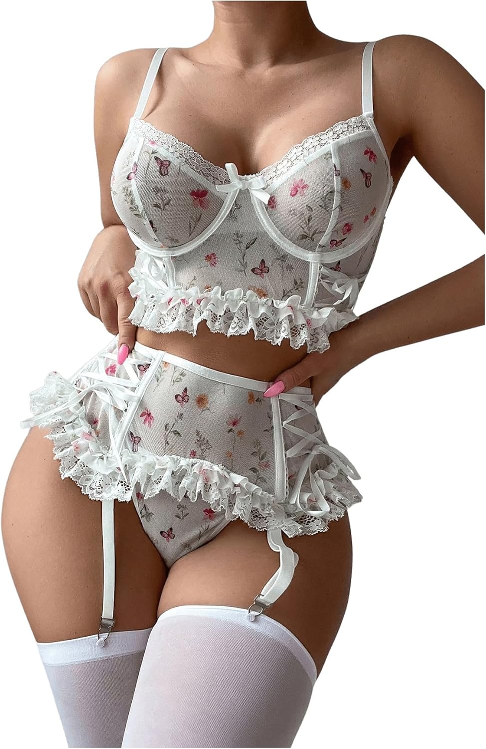 OYOANGLE Women's 5 Piece Floral Print Babydoll Teddy Ruffle Lingerie Set Underwired with Garter Belt