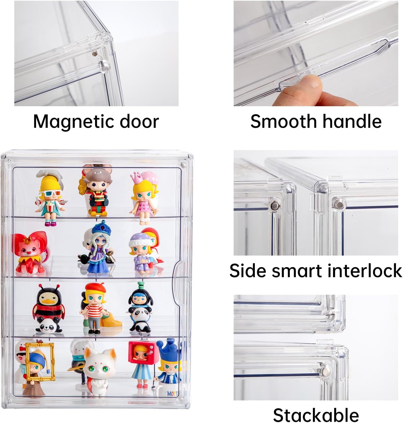3X-Large 4 Tiers 17.7"X13"X13" Acrylic Display Case with 3 Division Boards, Clear Organizer Box Plastic Holder with Magnetic Door for Handbags, Purses, Boots, Figures, Book