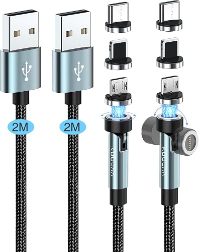 Kuulaa Lot de 2 câbles de charge magnétiques 3 en 1-2 m + 2 m - Câble de charge magnétique 360° et 180° - Charge rapide 3 A et transfert de données - Pour produits de type C/Micro USB/i-Products - 1