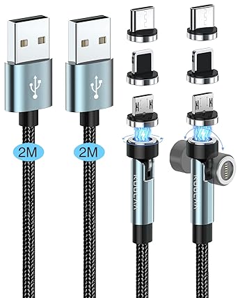 Kuulaa 6FT 540 Rotating 3 in 1 Magnetic Phone Charger Cable, 3A Fast Charge, 480Mbps Data Transfer, Nylon-Braided Cords for Micro USB/Type C/iPhone