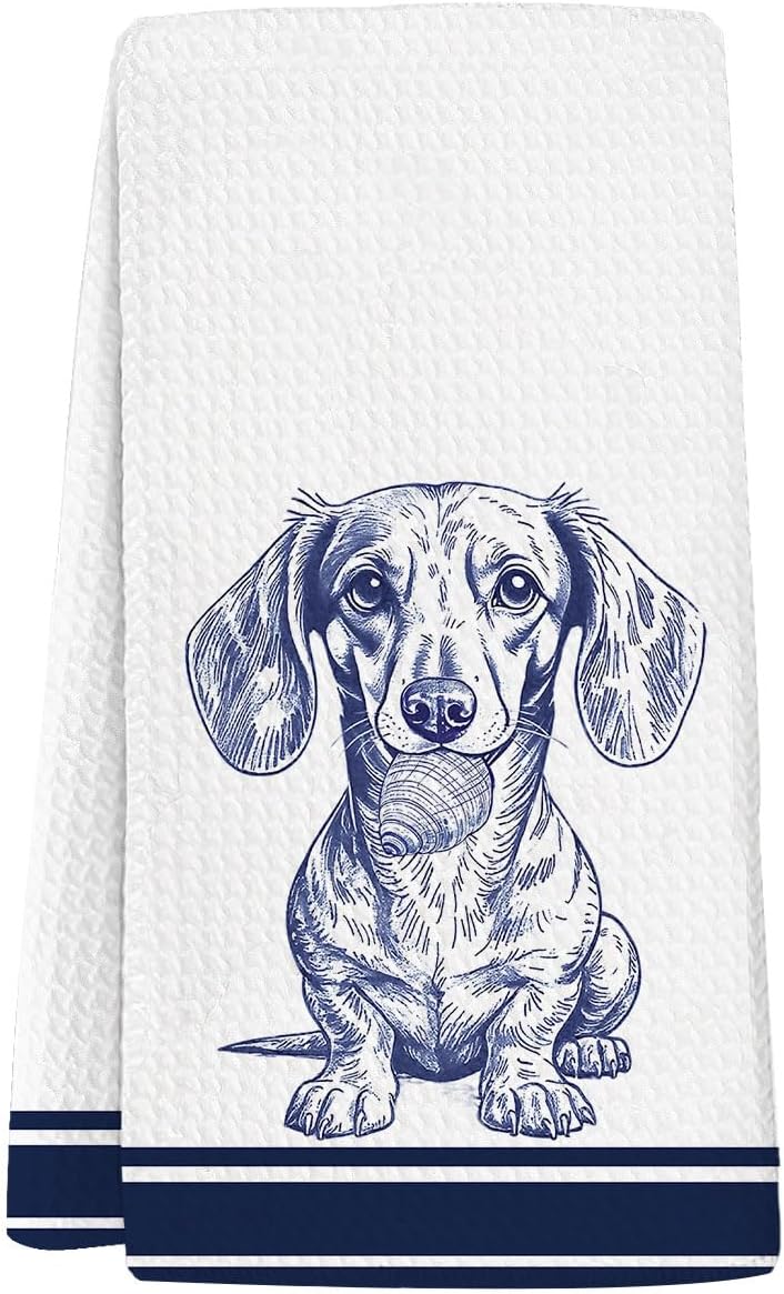 Lake House Kitchen Towels Decor,Dachshund Gifts Dish Tea Towel for Kitchen, Coastal Decor,Dachshund Gifts for Women,Blue Ocean Beachy Dog Hand Towels for Bathroom,16x24 Inch