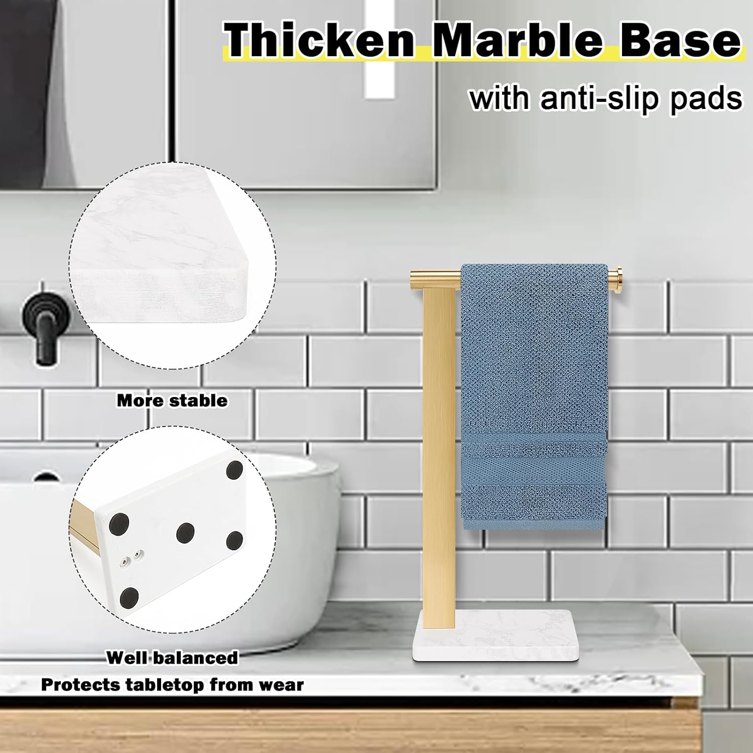 Stainless Steel L-Shaped Hand Towel Holder, SUS304 Bathroom Towel Rack with Thickened Base for Countertop Vanity (Gold, Square Base)