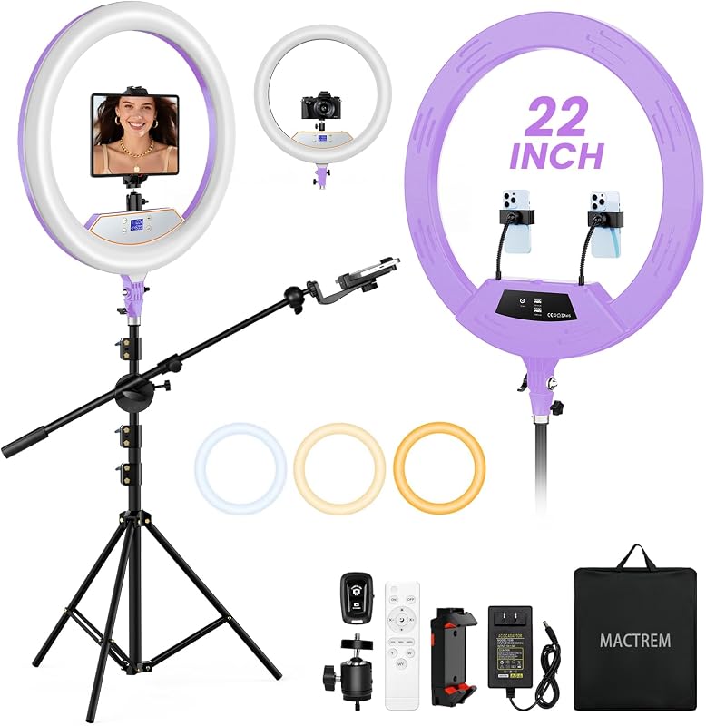 MACTREM Anillo de luz profesional de 22" con soporte, soporte para teléfono aéreo | Pantalla LCD, soportes para tableta de teléfono, 2 puertos USB, trípode de 75" para peluquero, maquillaje, tatuaje, TikTok, grabación de video, Vlog