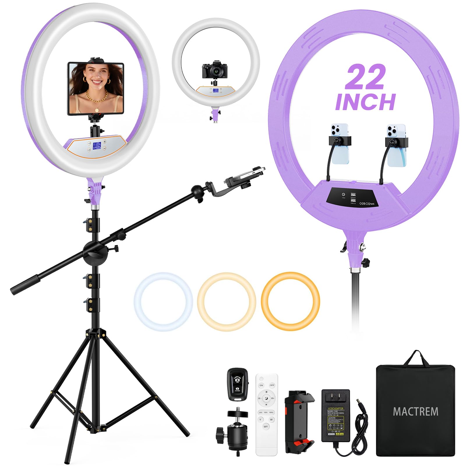 Mactrem MACTREM 22" Ring Light with Stand, Overhead Phone Mount, Purple