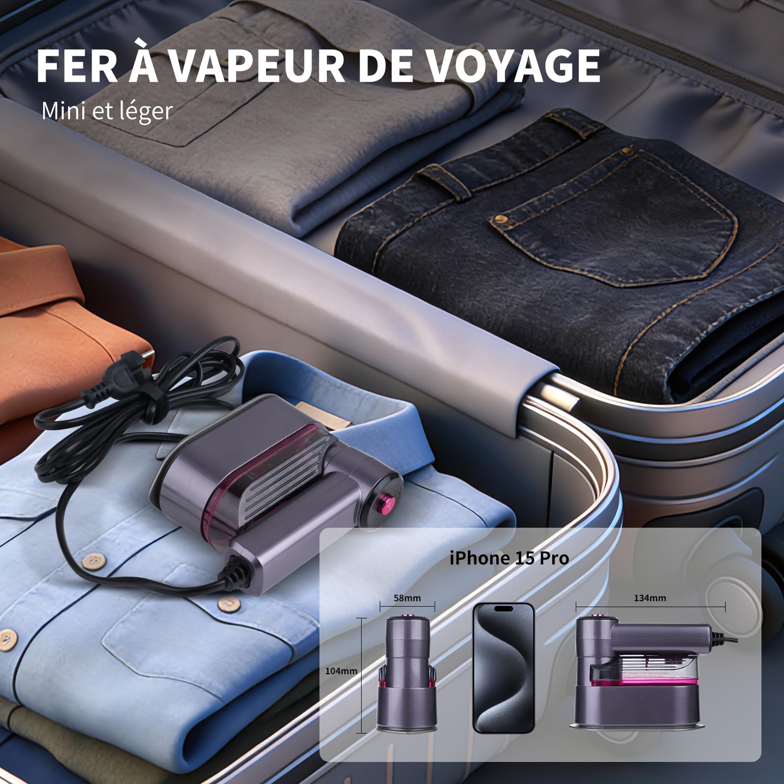 Défroisseur Vapeur, Fer à Vapeur Voyage Pliable 2 en 1, 1000W, 10S Chauffage Rapide, Avec Base Résistante à la Chaleur, réservoir deau 100 ML, Poignée Rotative à 180°, Idéal pour Voyages et Maison