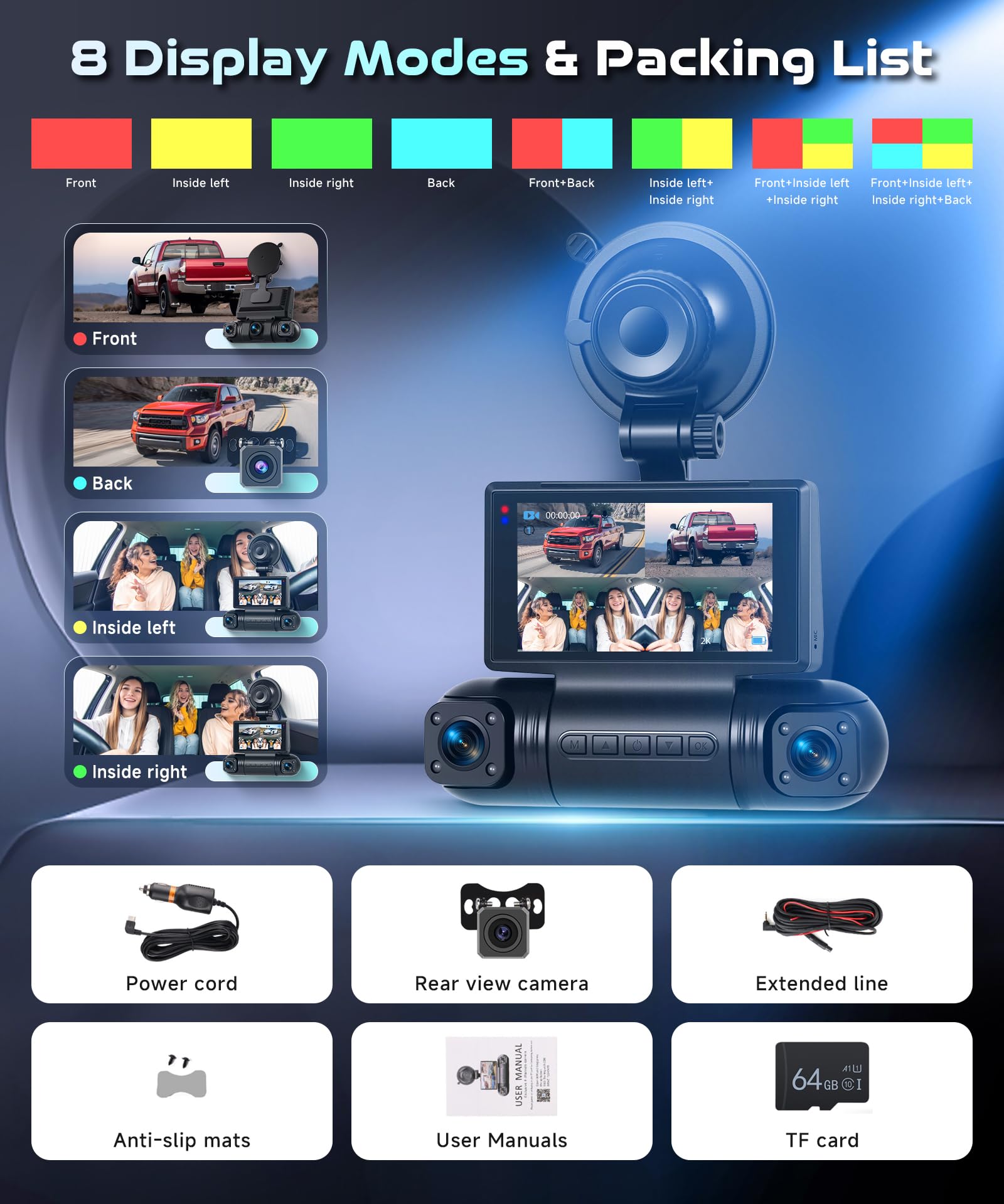 Rimoody Dashcam Auto 2K 4 Telecamere, Kit Completo con WiFi e 64GB - Videoregistratore 360° per Auto, Visione Notturna, Assistente Parcheggio, G-Sensor, App per Smartphone