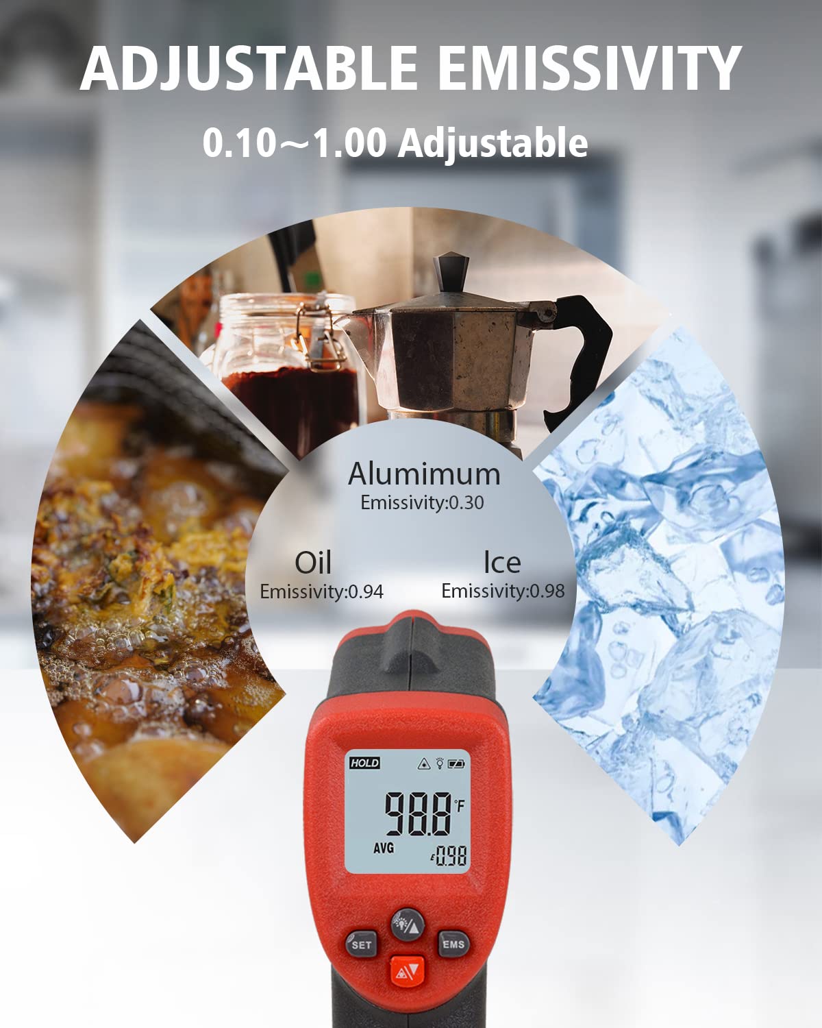 Diagram illustrating adjustable emissivity with examples for aluminum, oil, and ice, showing the thermometer display with an emissivity setting.
