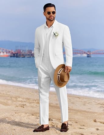 COOFANDY Men's 2 Piece Linen Suits Set Regular Fit Casual Linen Lightweight Suit Summer Beach Wedding