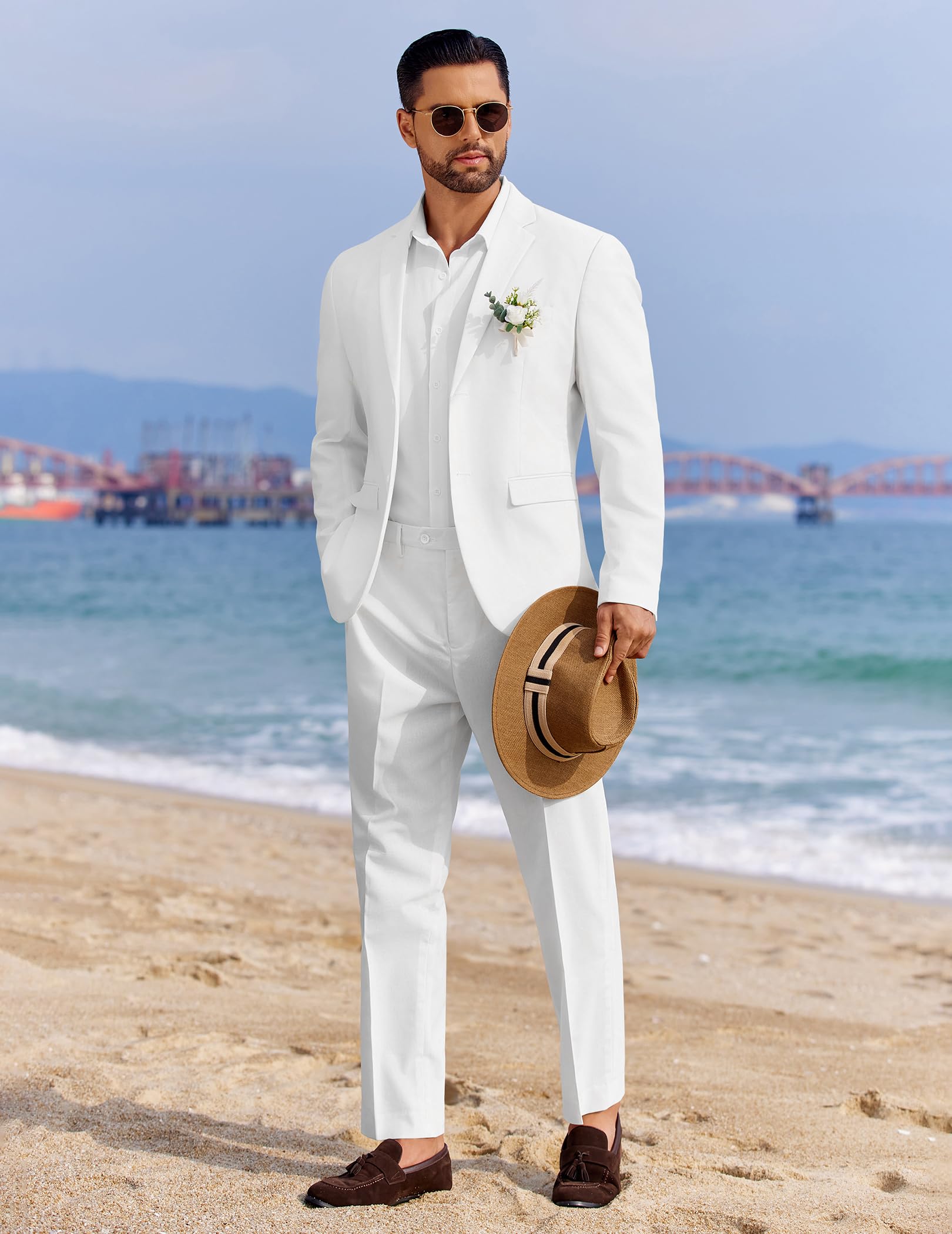 COOFANDY Completo da uomo in lino da 2 pezzi, vestibilità regolare, casual, leggero, estivo, spiaggia, matrimonio