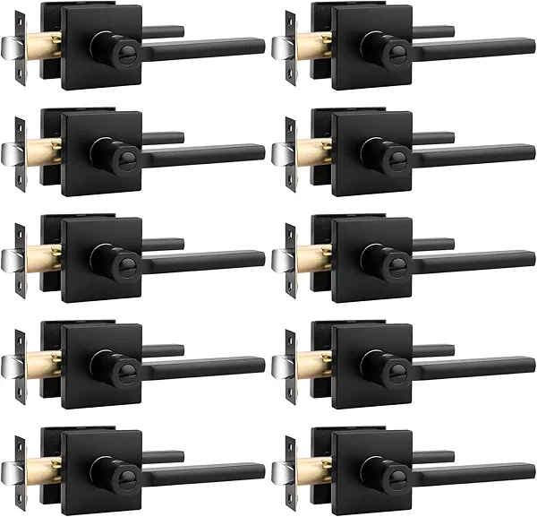 Probrico Privacy Black Door Handle Interior Lockset Heavy Duty Square Door Lever for Bedroom or Bathroom Reversible Keyless Slim Handleset Door Knob 10Pack