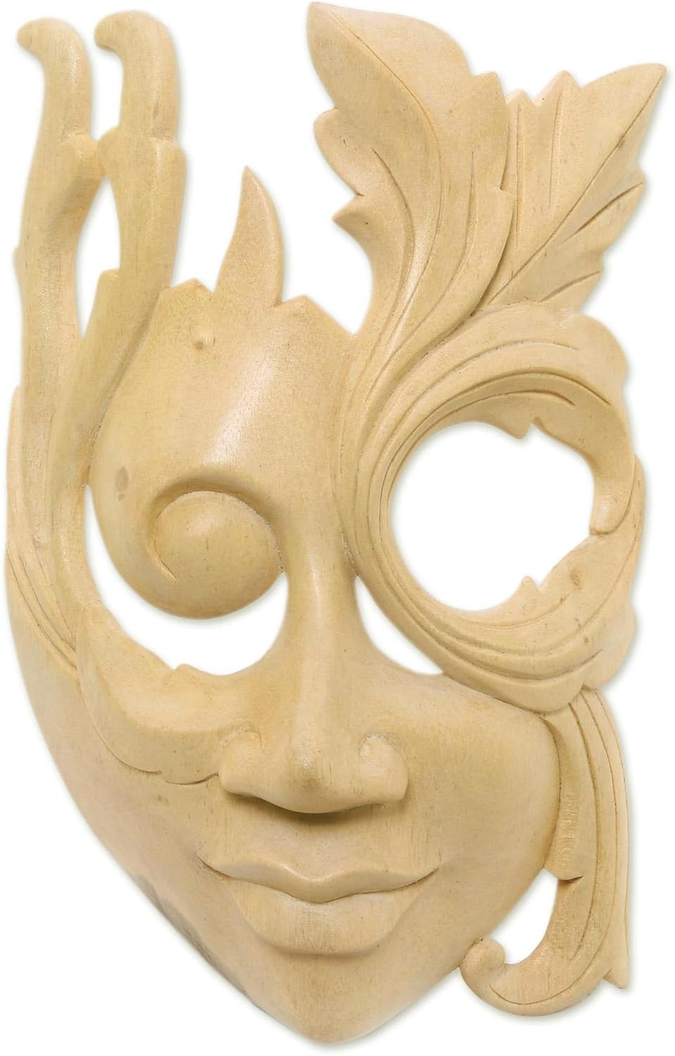 NOVICA Decorative Leaf and Tree Hibiscus Wood Mask, Beige, Blossoming Woman', Large