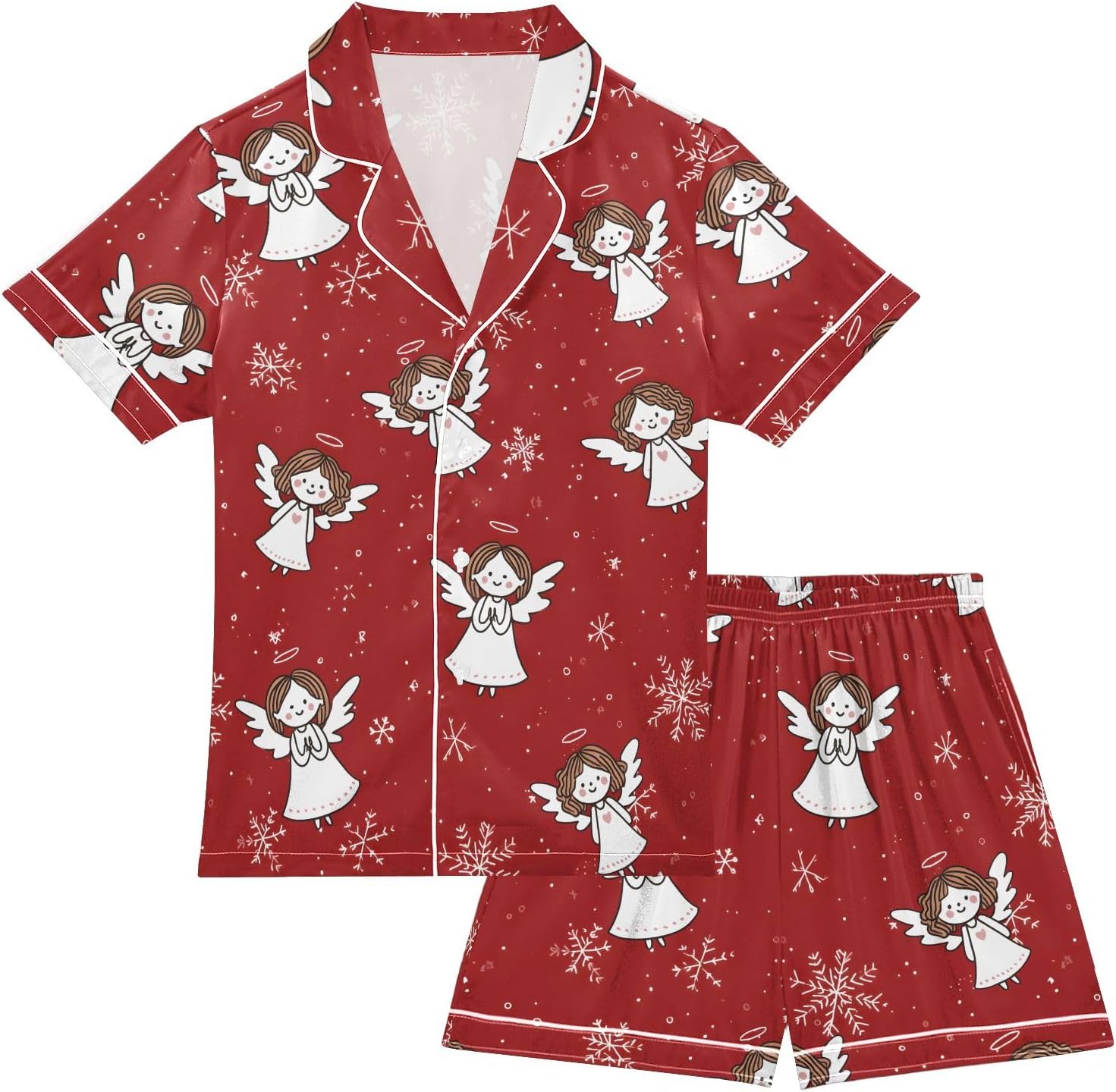 Kids Satin Wear Set Angel Snowflake Pattern Relaxed Fit Clothing Short Sleeve and Shorts
