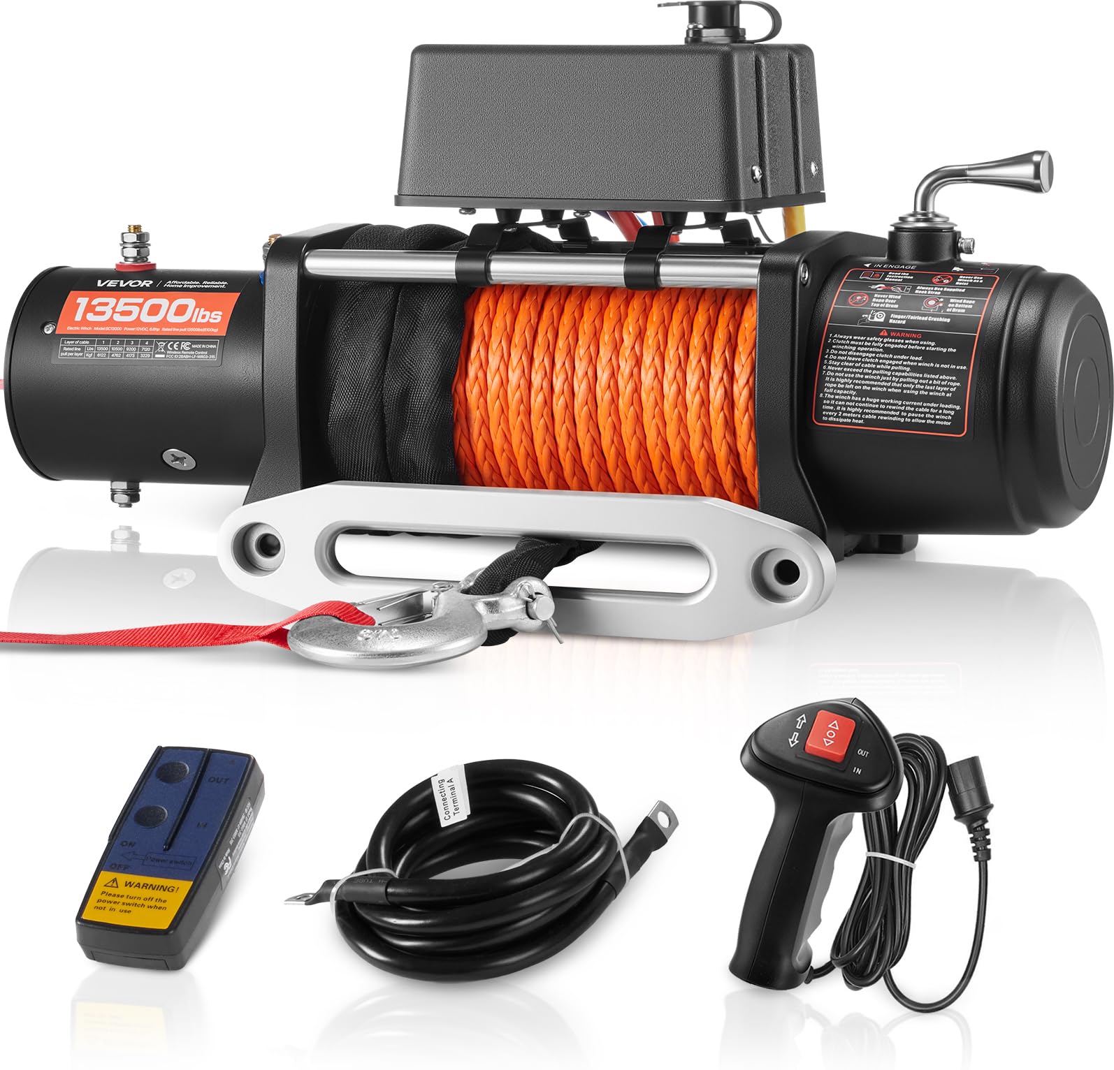 VEVOR 13,500 lb Electric, Truck Winch 12V DC 3/8 in x 80 ft Synthetic Rope Aluminum Fairlead Wireless &amp; Wired Remote Control, 13500 lbs, IP55 Waterproof Towing for Off Road Jeep SUV Boat