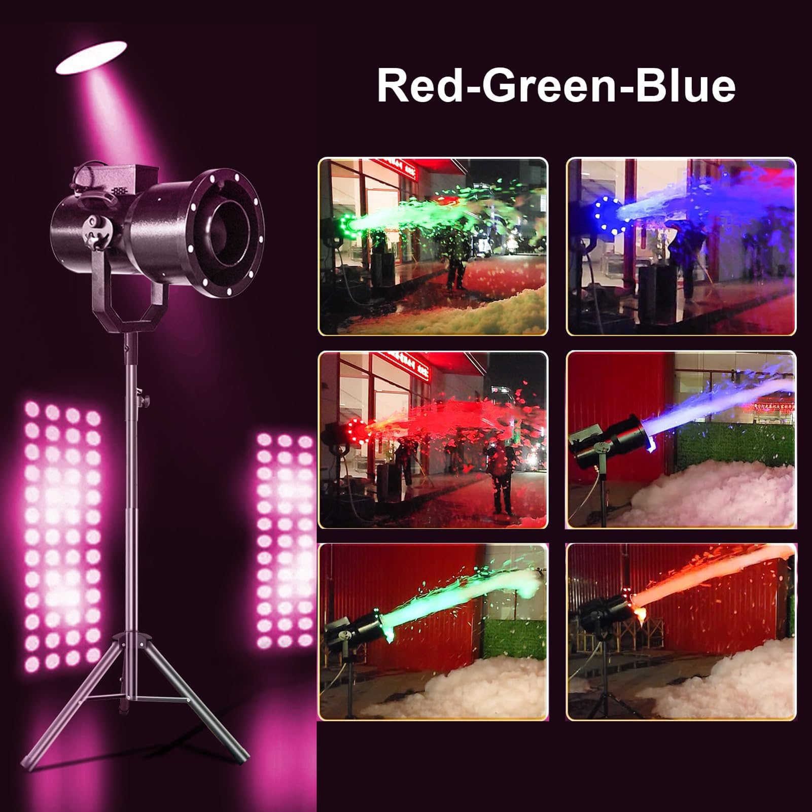 Piankarka imprezowa z 9 diodami LED, 1500 W, wytwornica piankowa, regulowany kąt, piankarka z efektem scenicznym, odległość 6-8 m/powierzchnia 60 m²