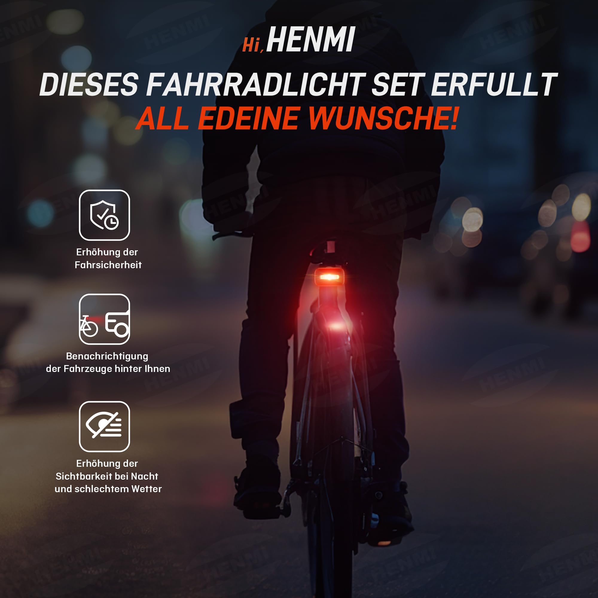 HENMI Fahrradlicht Set,USB Aufladbar Fahrradbeleuchtung Set,Stvzo Zugelassen Fahrradlicht vorne, Fahrrad Rücklicht mit Bremsfunktion und Reflektor, IPX5 Wasserdicht