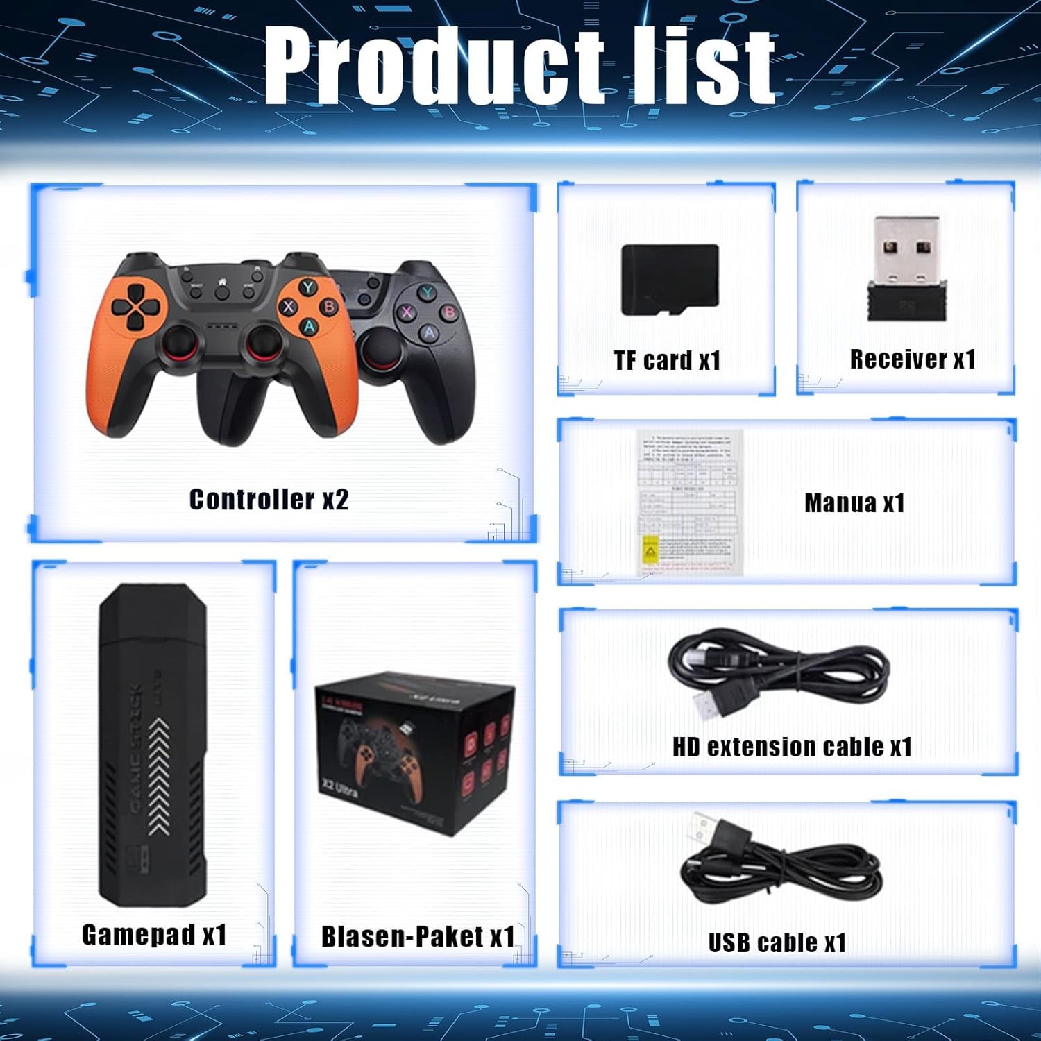 Diagram showing all items included in the XURUYI X2 Ultra Retro Game Stick 4K package