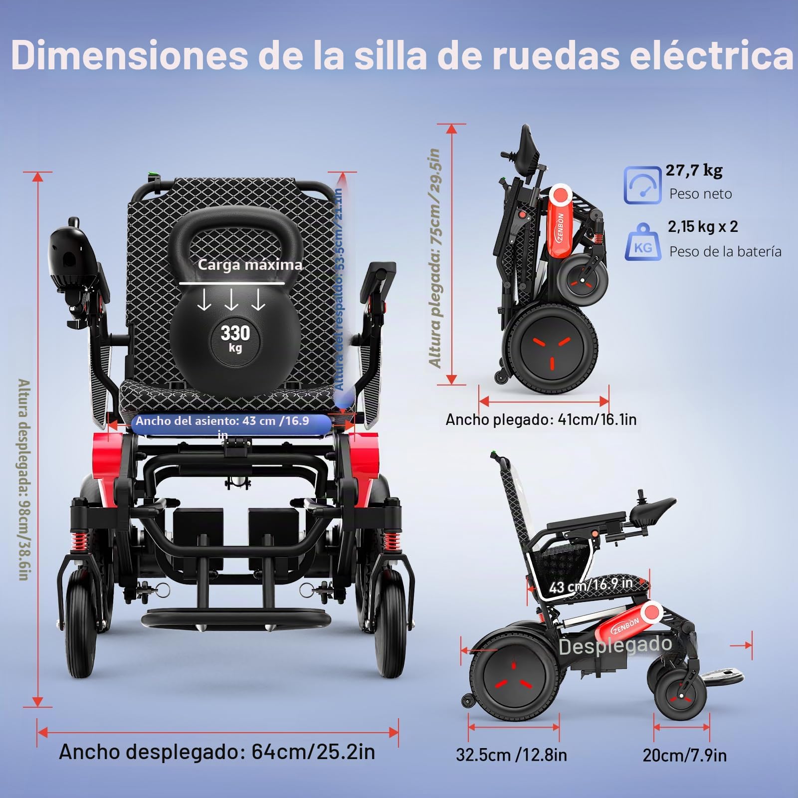 Sillas de Ruedas Eléctricas Plegable Automático: 48KM Silla de Ruedas Eléctrica Ligera - 700 W Sillas de Ruedas Eléctricas con Batería Dual de 2 * 12AH