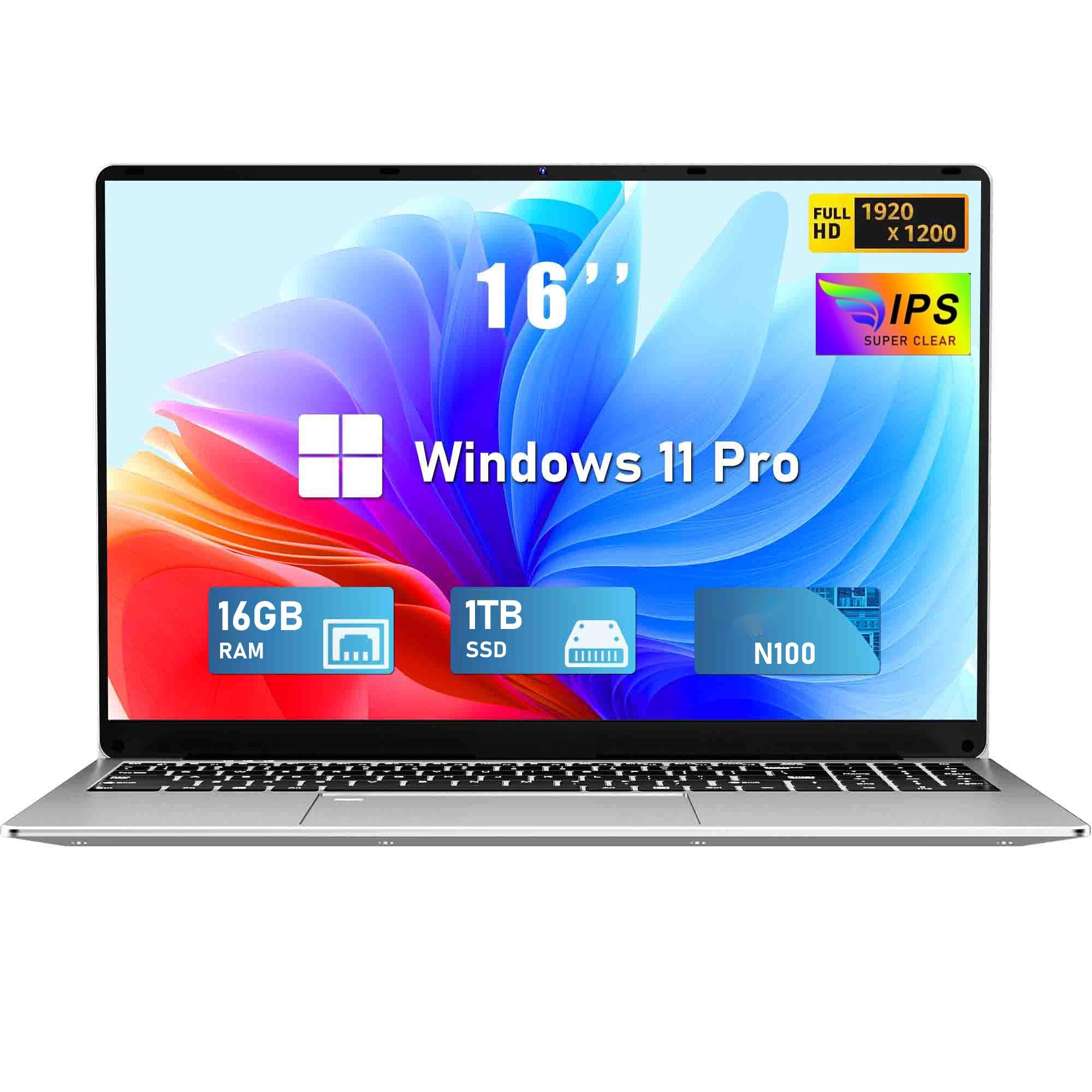 2025 PC Portatile 16'' Celeron N100 Core 3.4GHz Laptop RAM 16 GB DDR4 1TB SSD Win 11 Pro 6000mAh Battery Notebook FHD 1920×1200 USB 3.0 BT 5.0 WIFI 5 HDMI Doppio altoparlante Tastiera Retroilluminata
