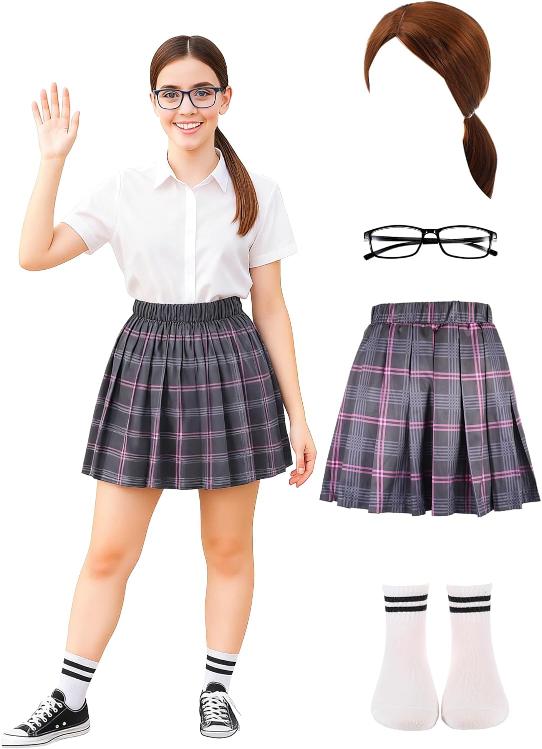 Mepase 4 Pcs Halloween Reliable Big Sister Costume Brown Ponytail Wig Purple Plaid Skirt Glasses and Socks Set Cartoon Movies Character Role Play As The Smart Family Guardian for Girls Women Halloween