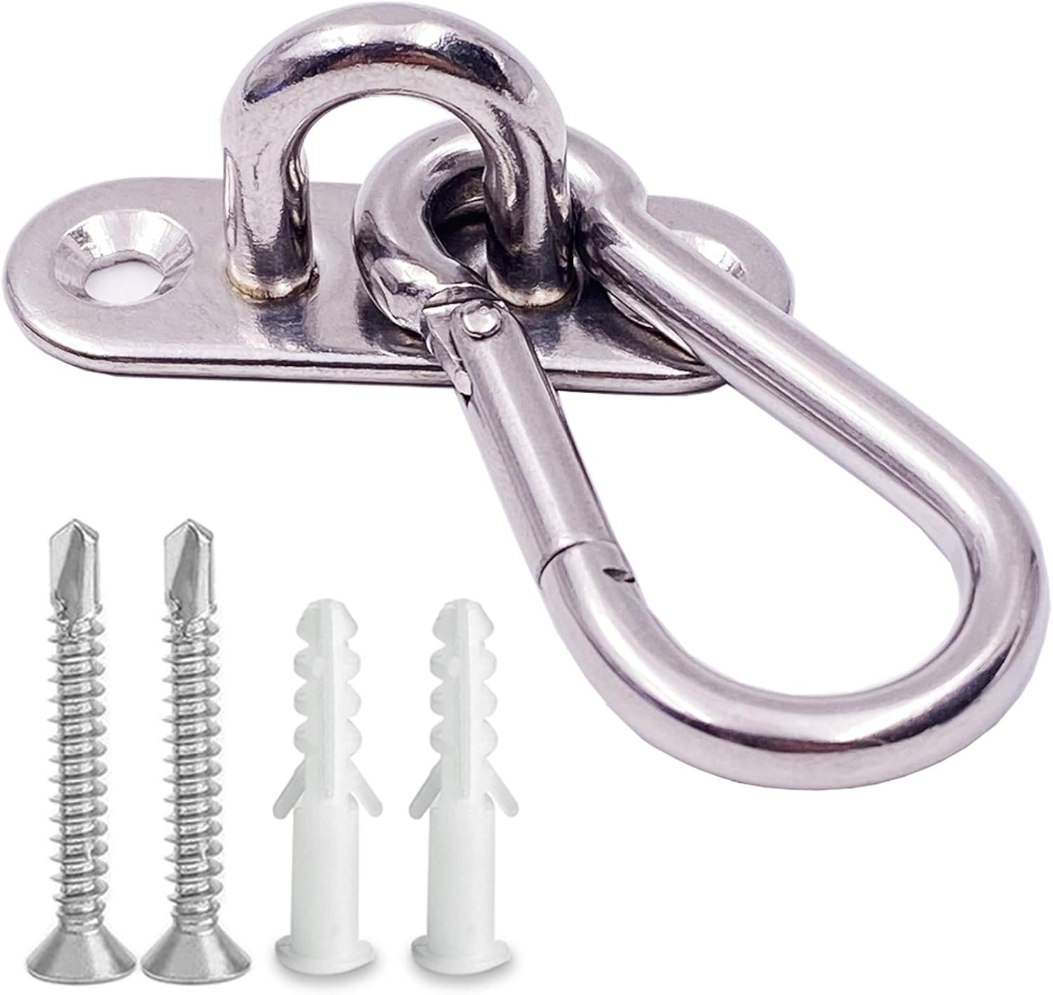 10 Pcs Stainless Steel 1.8 inch Pad Eye Plate U Hooks + 10pcs Stainless Steel Snap Hook, Marine Hardware Staple Hook Loop with Screws, Plastic Expansion Pipe