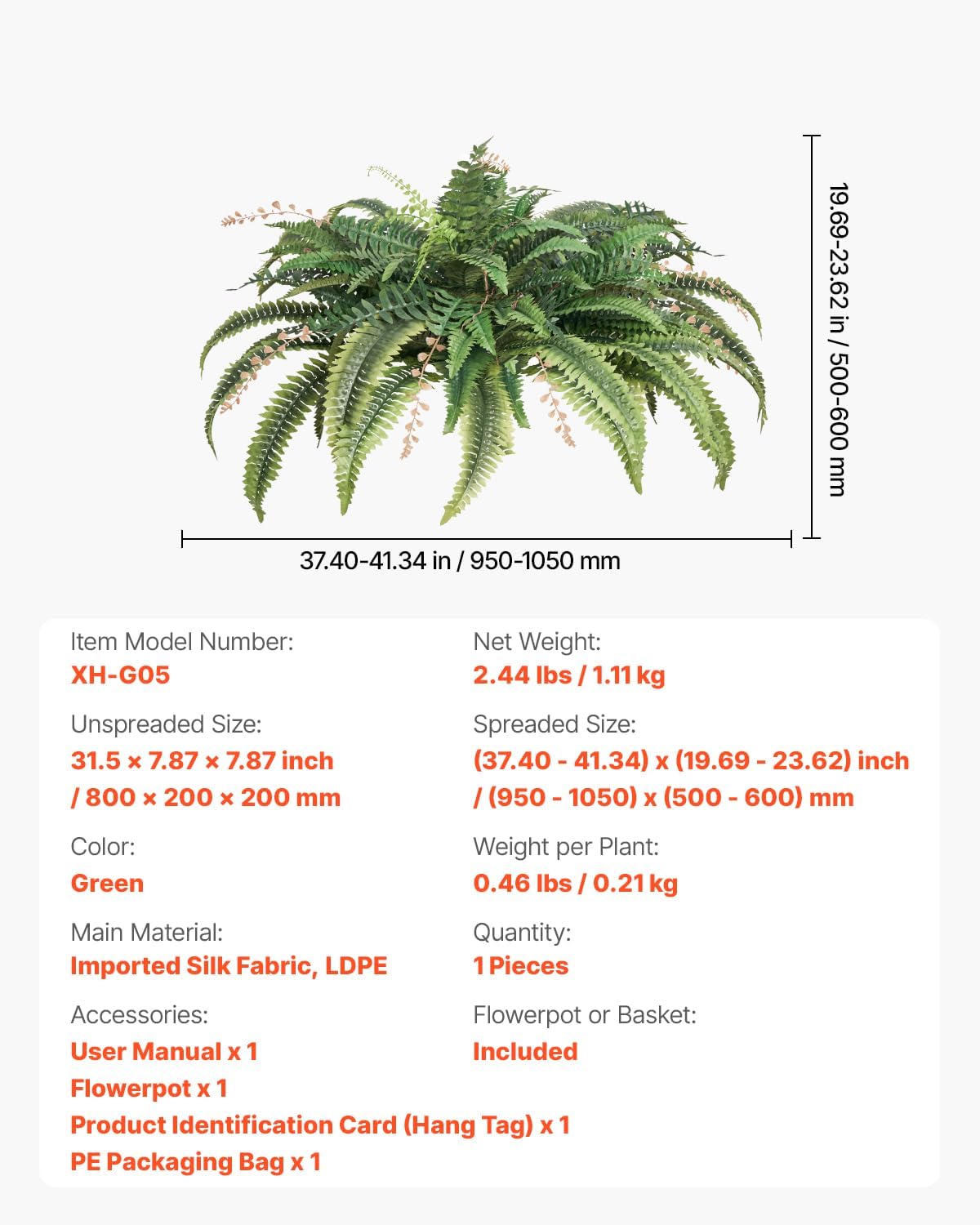 VEVOR Artificial Ferns, Natural Spread Diameter 41 Inch, Large Hanging Fake Boston Ferns, Sunlight Resistant Fake Plant Wall Decor with 80 Branches and Flowerpot, Faux Fern for Home Office Outdoor