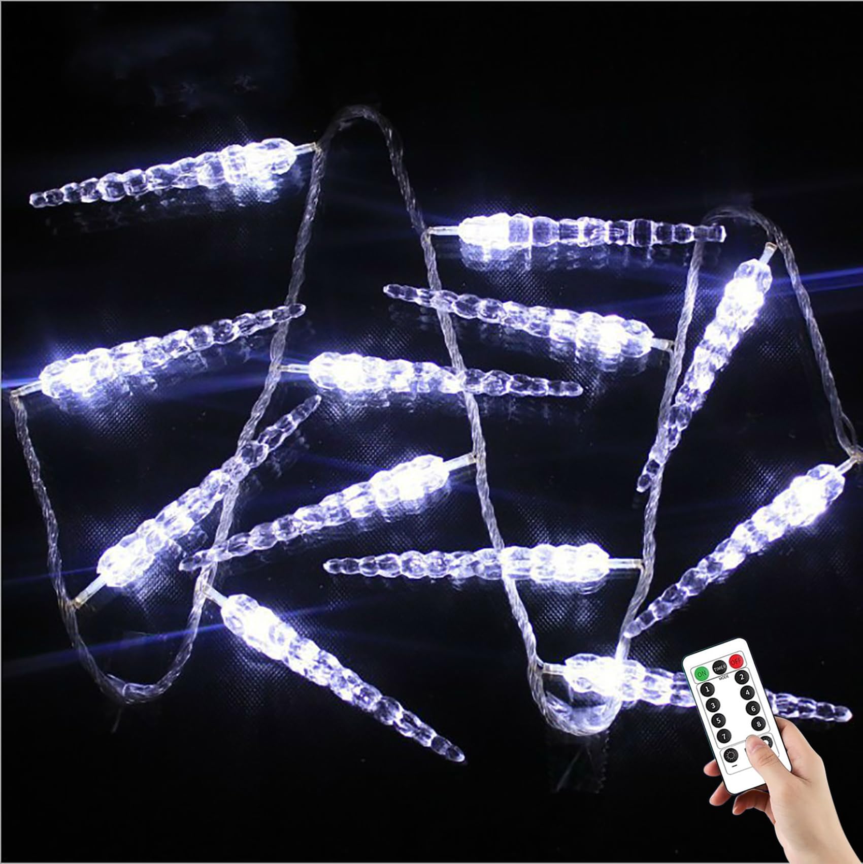 Eiszapfen-Lichterkette mit Stecker, 20 m/200 LEDs & Fernbedienung, Acryl-Kristall-Eissäulen-Lichterkette für winterliche Gartenpartys, Innen- und Außendekoration (Weiß)