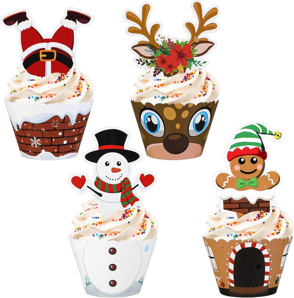Hemoton Christmas Cupcake Toppers and Wrappers Xmas Party Supplies Favors - 36Sets/72pcs Cupcake Dessert Decoration for Christmas - Snowman/Santa Claus/Reindeer/Gingerbread Man