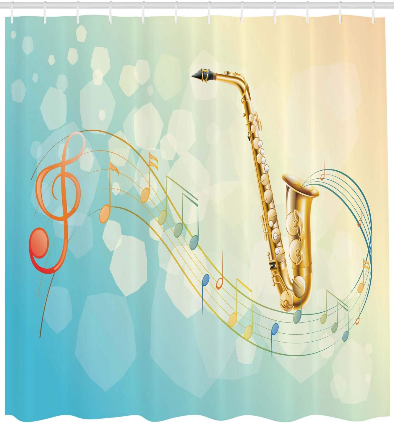 Ambesonne Music Shower Curtain, Colorful Music Notes Vibes from Saxophone Jazz Background Illustration Art Print, Cloth Fabric Bathroom Decor Set with Hooks, 69" W x 70" L, Brown Blush Soft Blue