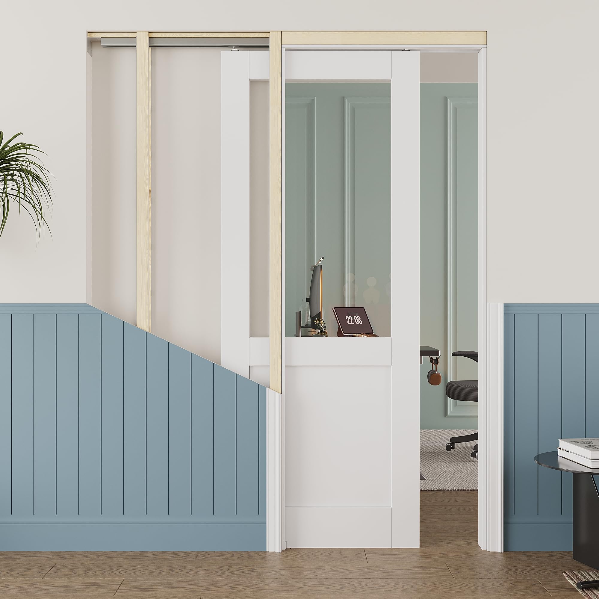 32x80 Sliding Pocket Door,Half Lite Clear Glass Doors,Murphy Hidden Doors