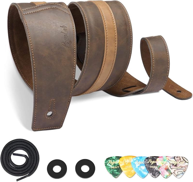 Leather Guitar Strap, 3 inch Wide Comfortable Foam Cushion Padded Bass Strap, Adjustable Length from 51" to 57", with Strap Locks & Picks, for Bass/Electric/Acoustic Guitar (Brown)