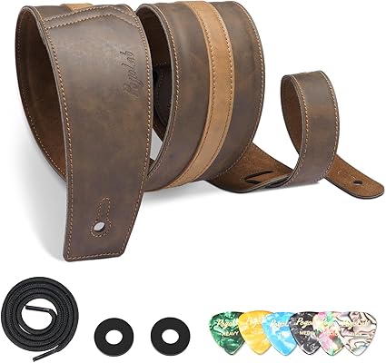 POGOLAB Leather Guitar Strap, 3 inch Wide Comfortable Foam Cushion Padded Bass Strap, Adjustable Length from 51" to 57", with Strap Locks & Picks, for Bass/Electric/Acoustic Guitar (Brown)