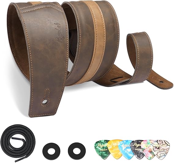 POGOLAB Leather Guitar Strap, 3 inch Wide Comfortable Foam Cushion Padded Bass Strap, Adjustable Length from 51" to 57", with Strap Locks & Picks, for Bass/Electric/Acoustic Guitar (Brown)