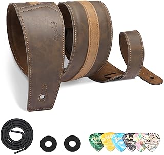 Leather Guitar Strap, 3 inch Wide Comfortable Foam Cushion Padded Bass Strap, Adjustable Length from 51" to 57", with Strap Locks & Picks, for Bass/Electric/Acoustic Guitar (Brown)