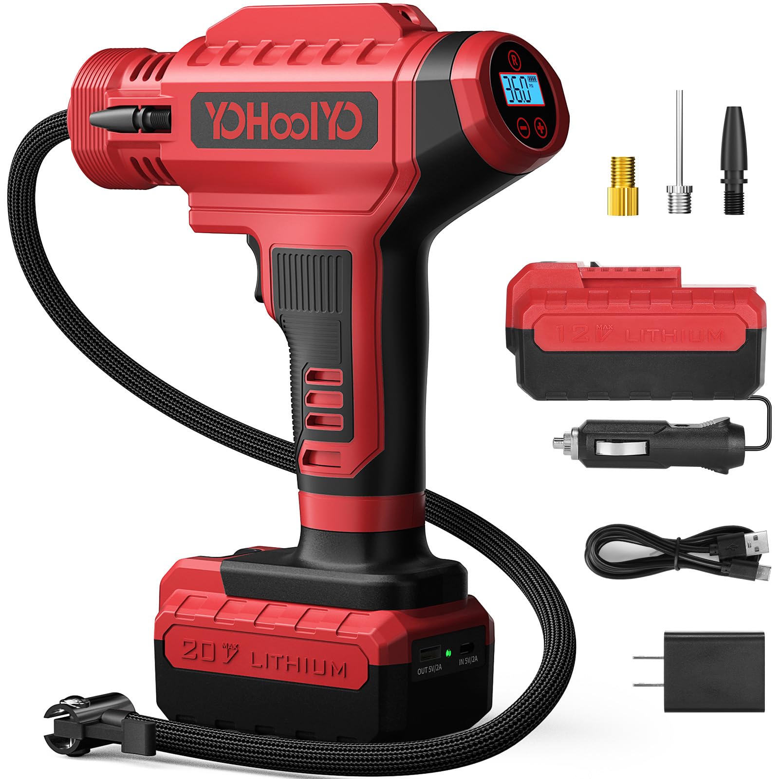 YOHOOLYO Tire Inflator Portable Air Compressor for Car 20V Cordless Tire Pump Rechargeable Battery Powered 12V DC Car Adapter Auto Stop Digital Pressure Gauge Motorcycle Bike 150PSI Red