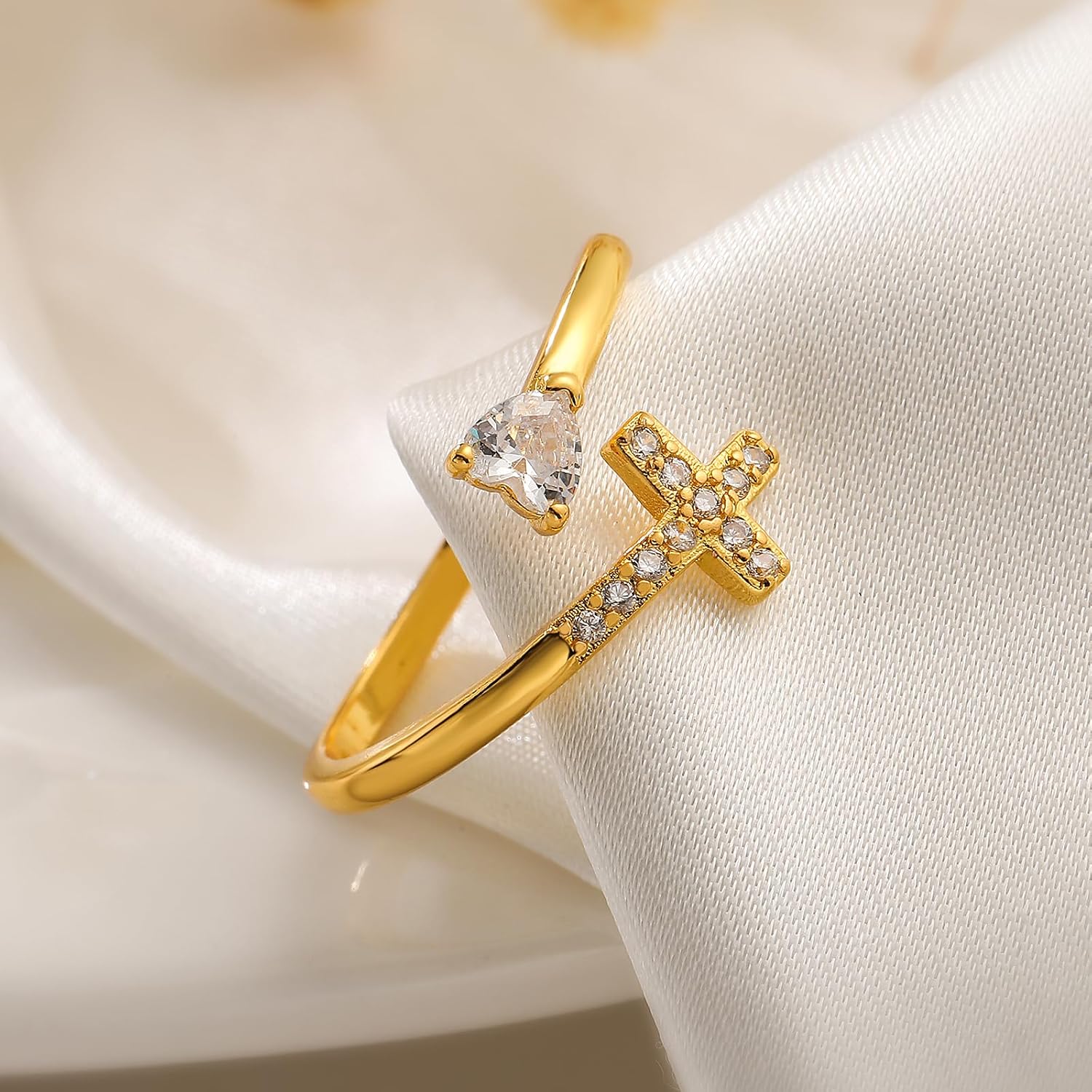 14K Gold Plated CZ Cross Heart Ring Eternity Promise Jewelry for Her