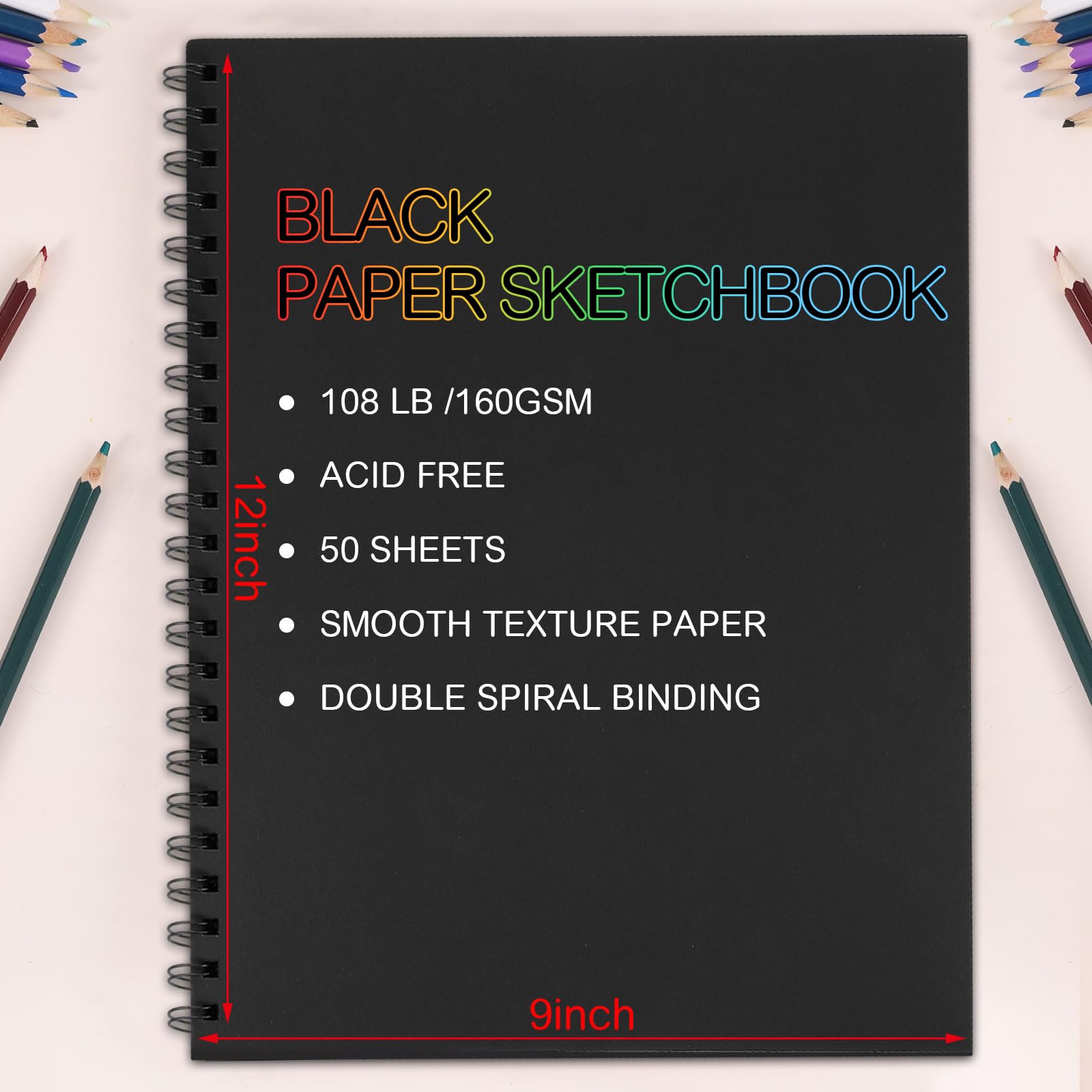 Lot de 2 carnets de croquis en papier noir de 100 feuilles, 160 g/m², 22,9 x 30,5 cm, papier à dessin sans acide, carnet de croquis à spirale pour enfants, adolescents, artistes.