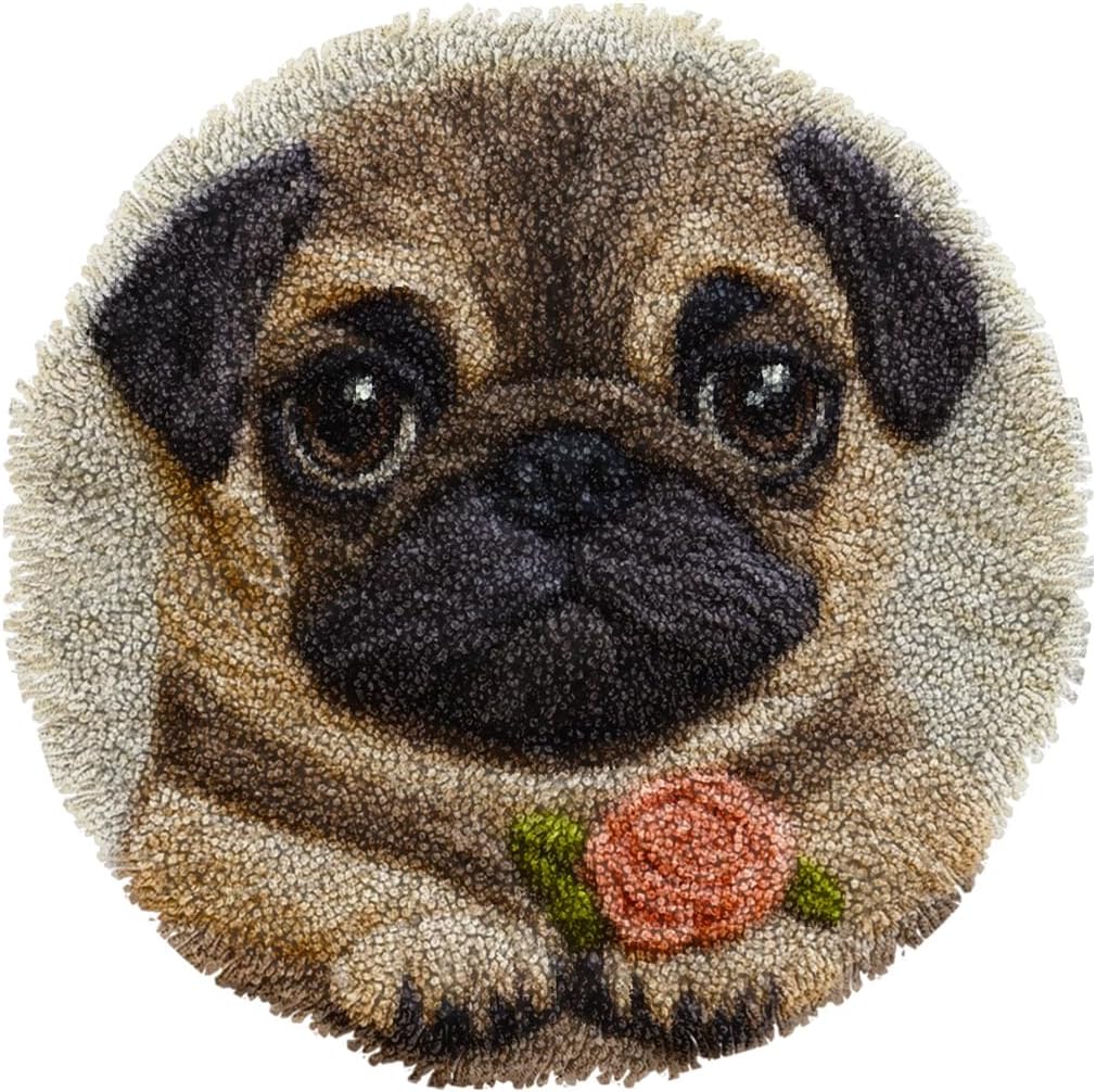 DIY Latch Hook Rug Kit Puppy Pug Dog and Rose Crochet Yarn Craft Hook and Latch Carpet Easy for Beginners Handmade Mat for Home Decoration 20x20inch-15
