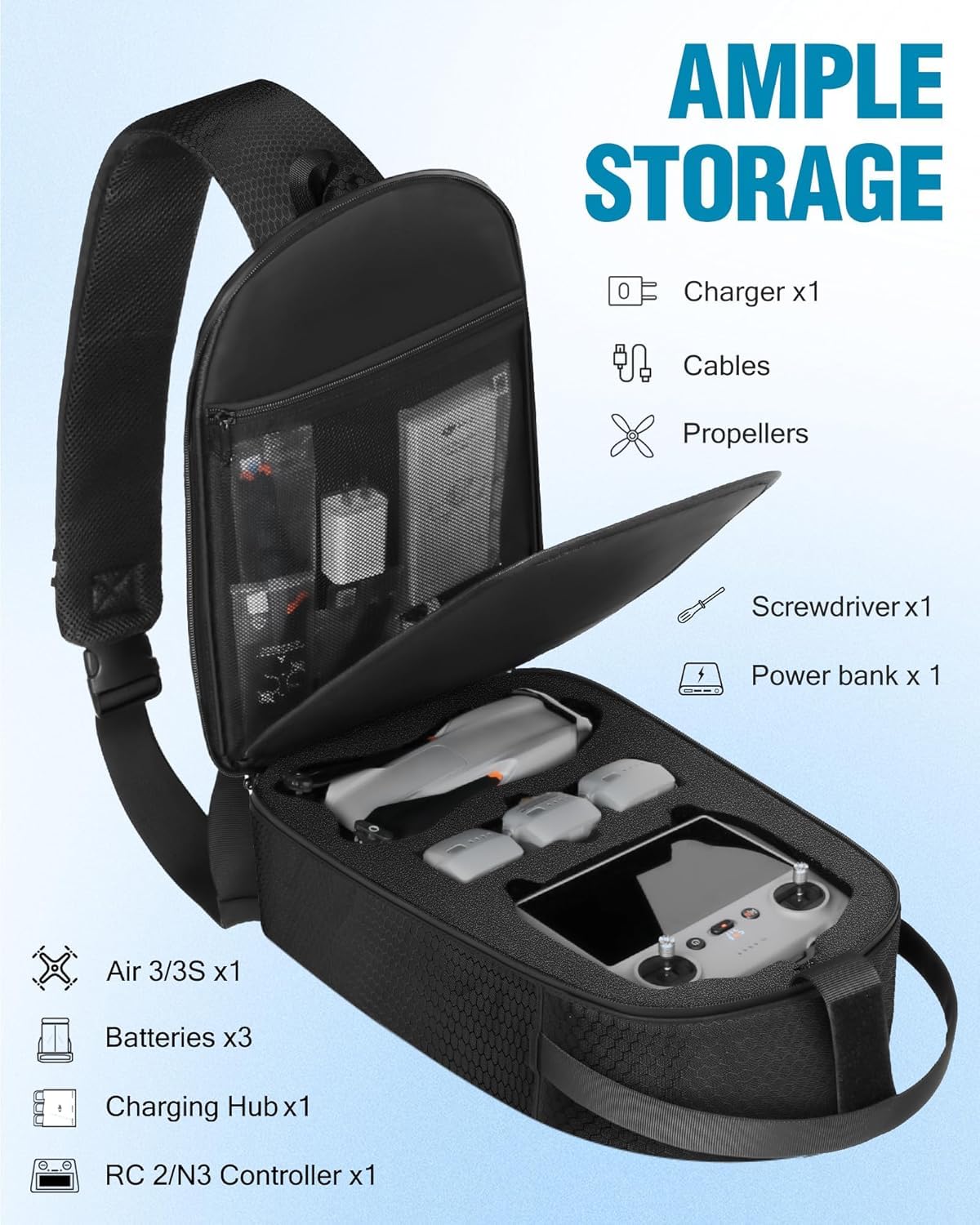PEKREWS Air 3S Tasche, Tragbare Koffer für DJI Air 3 /3S und RC 2/ RC-N3/N2 Fernsteuerung, Kompakte Reisetasche für Drohne Ladehub und 3 Akkus, Wasserabweisender Tragetasche für Fly More Combo Zubehör | Wasserdichter Drohnen-Rucksack, für DJI Air 3 Fly Mo