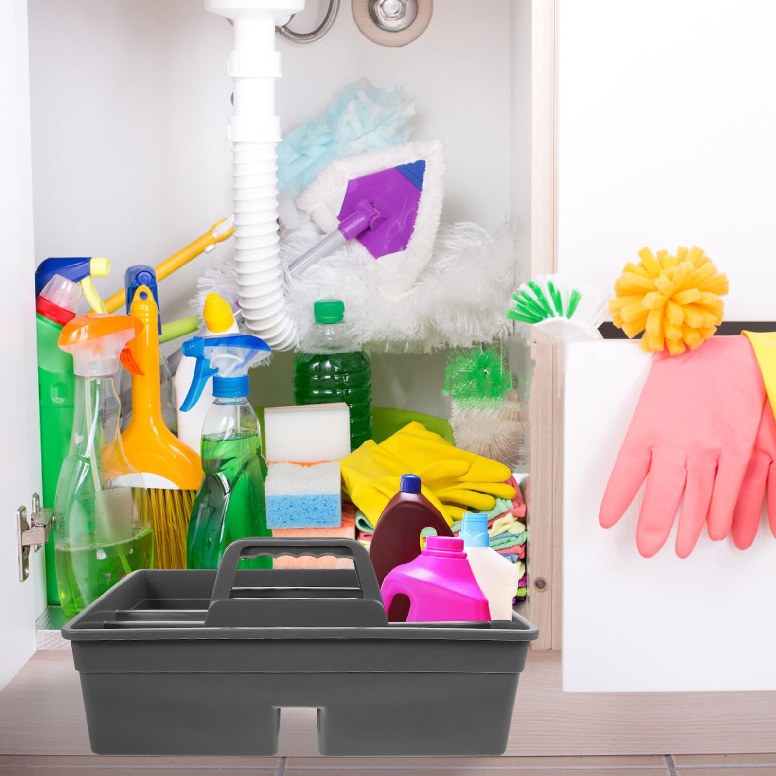 Sosoport Organizer la Pulizia con Manico Porta Prodotti Pulizia in Pp Portatile per Pulizie Casa e Servizi Igienici