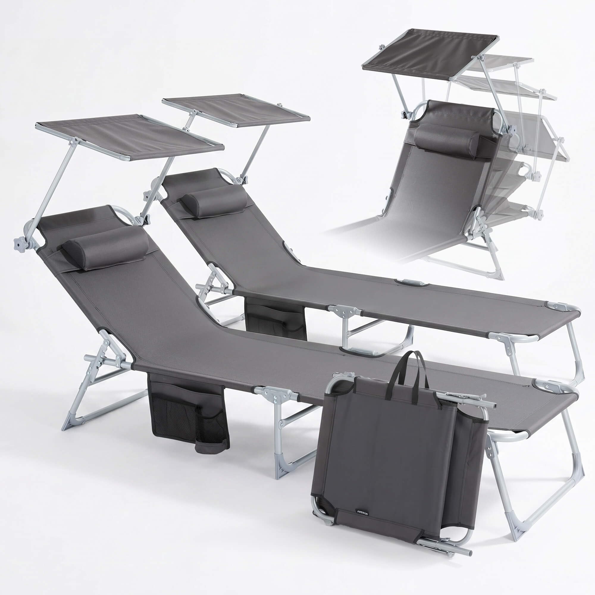 Arebos Sonnenliege 2er Set & Liegestuhl klappbar mit Sonnendach | 2 Gartenliegen & Campingliegen | Kopfkissen & Seitentasche | 4-Fach verstellbar | Relaxliegen faltbar | bis 120 kg | Anthrazit