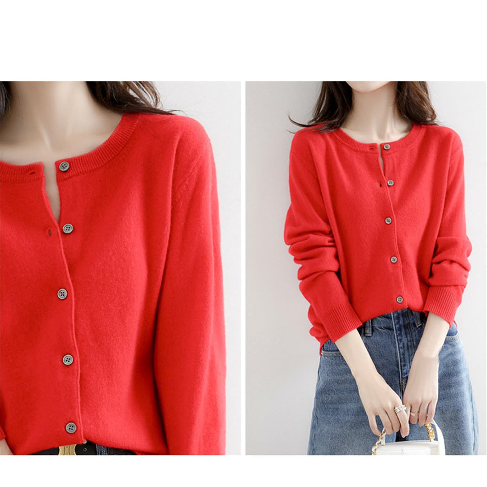 Generisch Cárdigan de cachemira para mujer, cárdigan fino de manga larga, suéter de punto de otoño, chaqueta de punto de color liso, manga larga, cuello redondo, suéter de punto para primavera