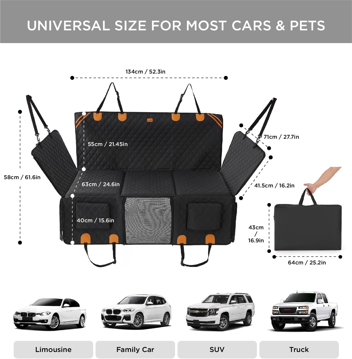 MADE 4 PETS Dog Car Seat Cover for Back Seat - Back Seat Extender for Dogs, Holds 400lbs, Waterproof & Non-Slip Dog Hammock for Car, 8-Layer Hard Bottom with PE Foam, Easy to Install & Clean