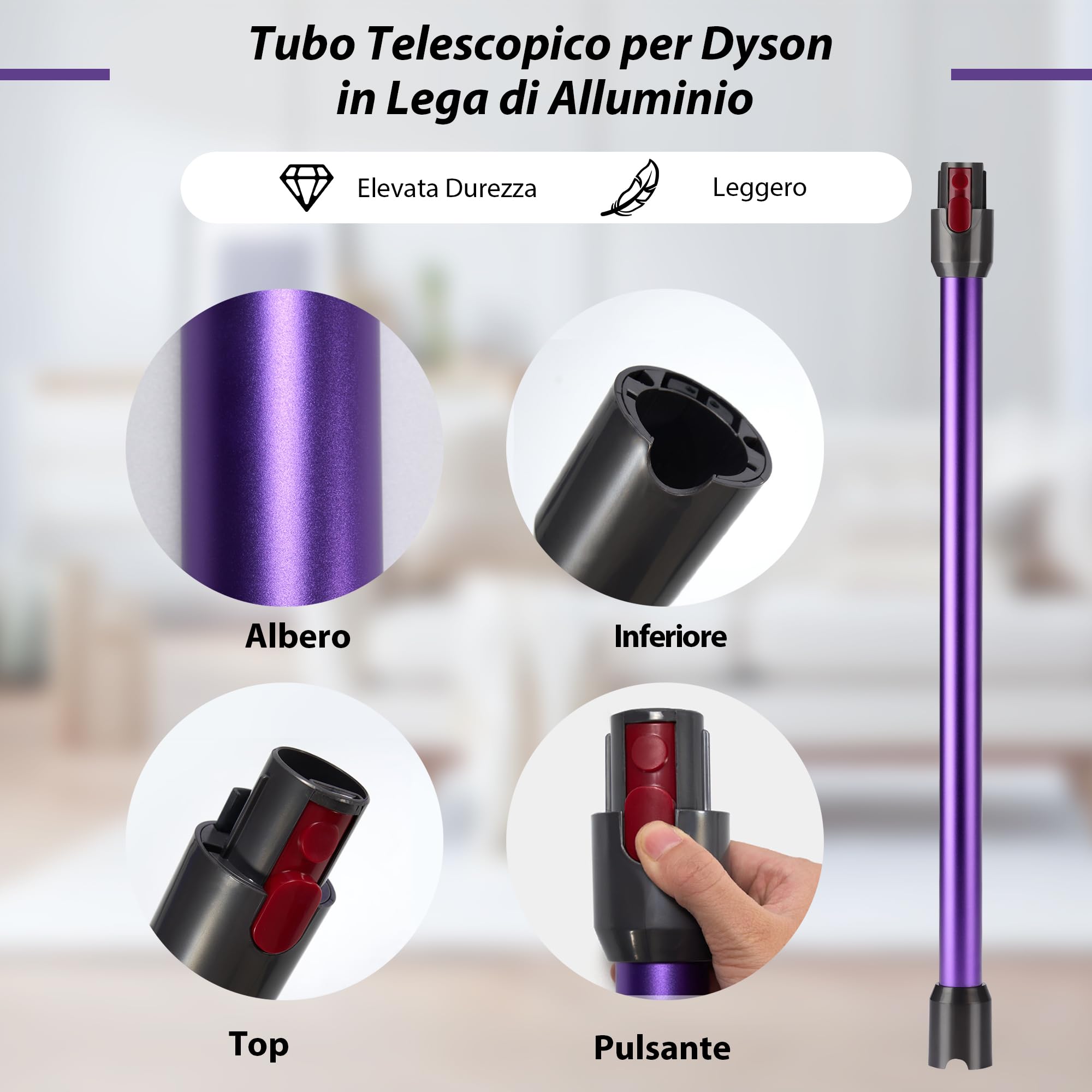 Tubo di Prolunga compatibile con Dyson V7 V8 V10 V11 V15, Tubo Telescopico Rigido, Asta di Estensione con Spazzole 2 in 1, Accessorio Aspirapolvere, Viola