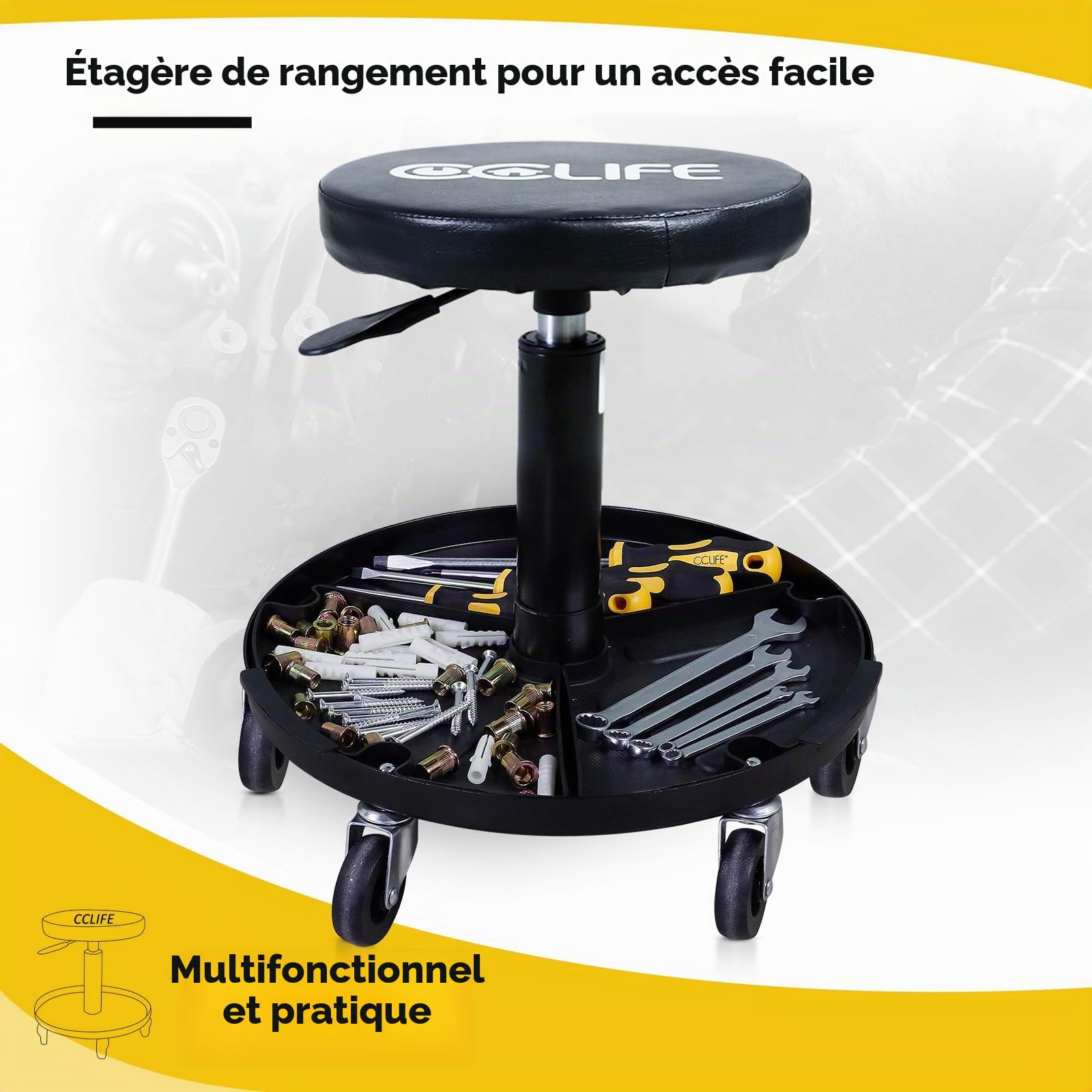 CCLIFE Tabouret d'Atelier à roulettes, 150 kg, Hauteur Réglable 38-50 cm, et 2 Inserts en Plastique Amovibles, Siège de Travail avec Roues pour Mécanicien